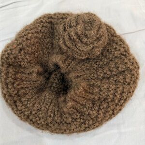 Brown Knit Beret with Flower Accent